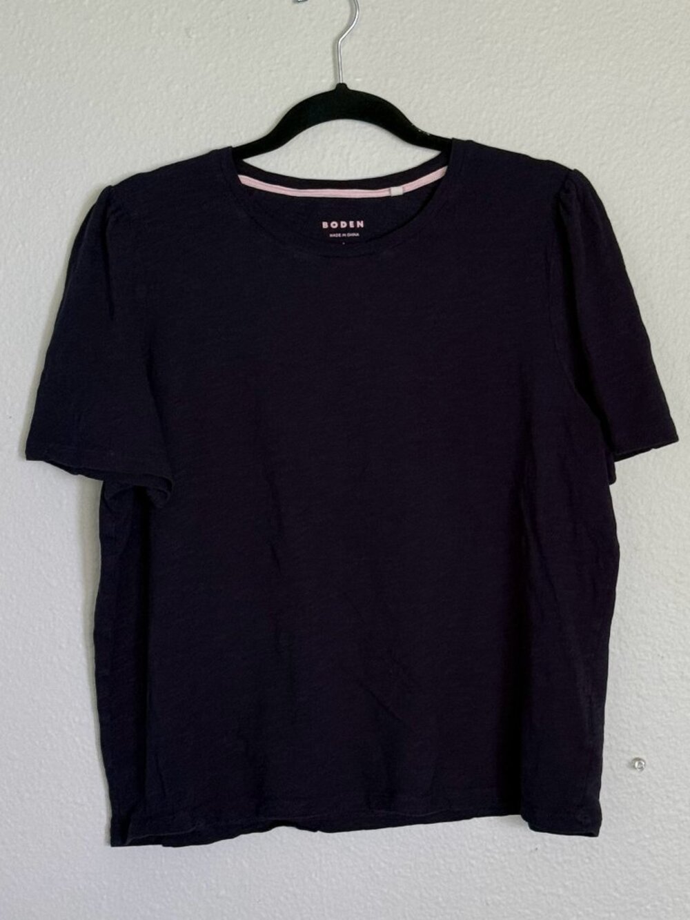 Boden Navy Cotton Puff Sleeve T-Shirt Size L Women's Crew Neck Top Tee T1511